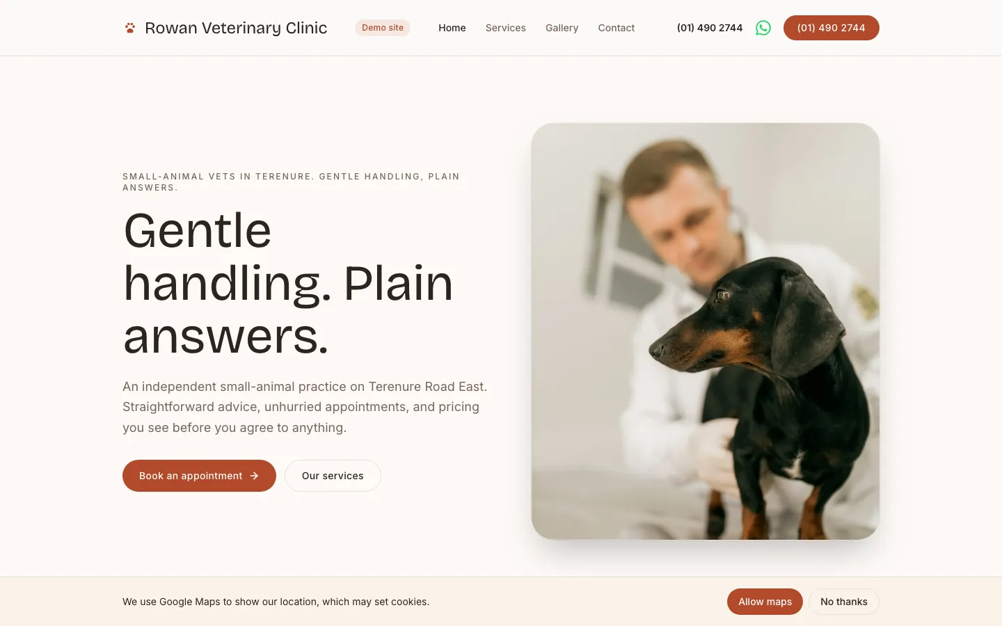 Screenshot of the Rowan Veterinary Clinic demo site, top of the home page